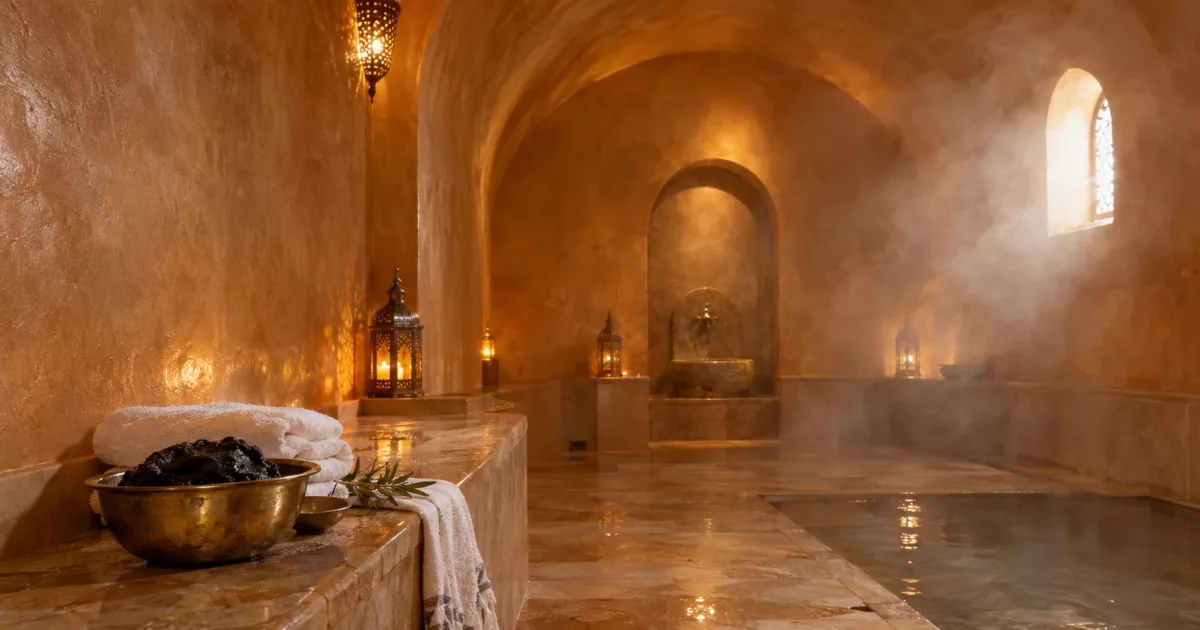 Intérieur chaleureux d'un hammam marocain avec murs ocre, banc en pierre, vapeur douce et serviettes blanches